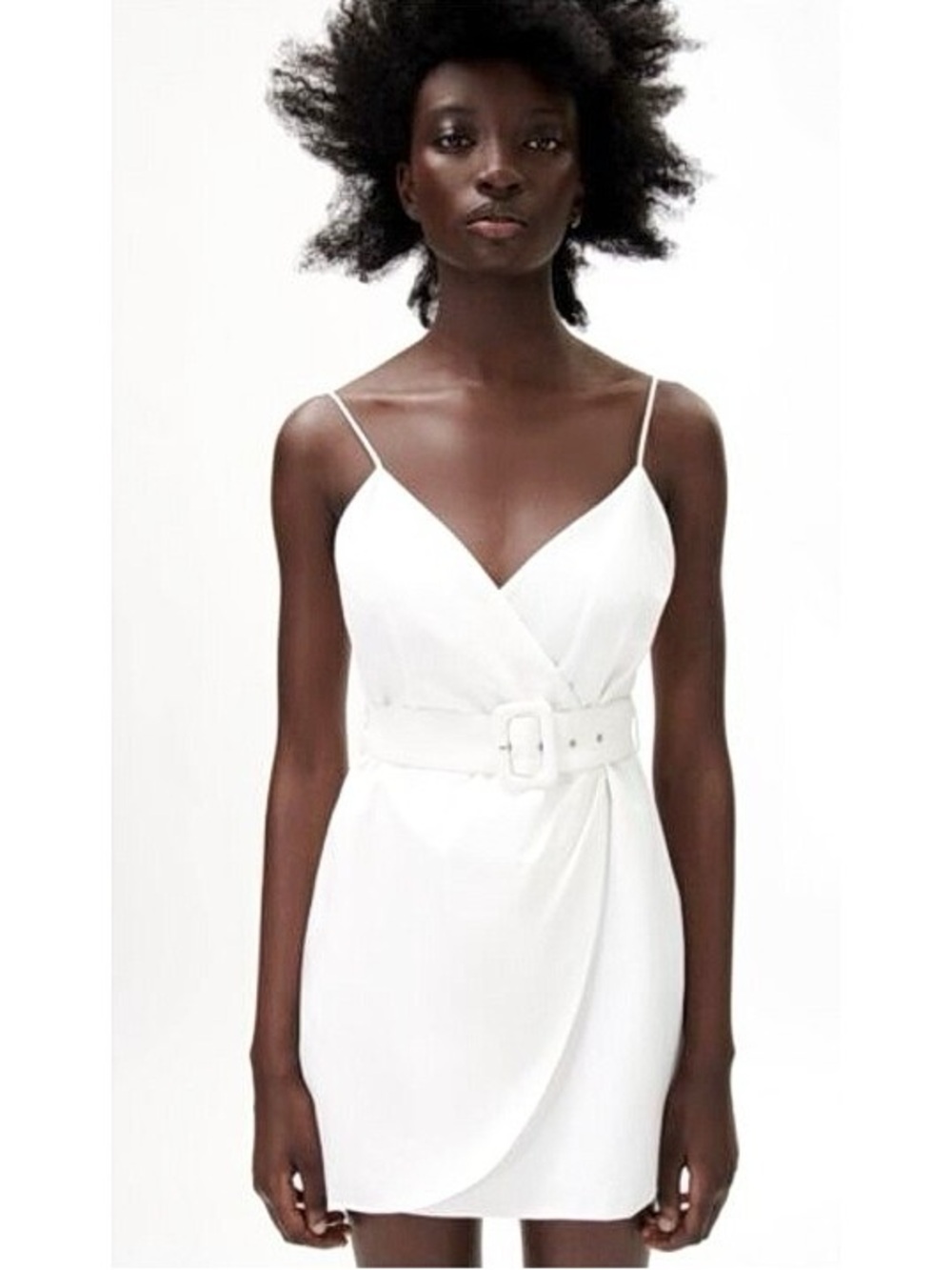 ZARA WOMEN'S BELTED MINI LINEN + COTTON BLEND WRAP DRESS WHITE LARGE NWT